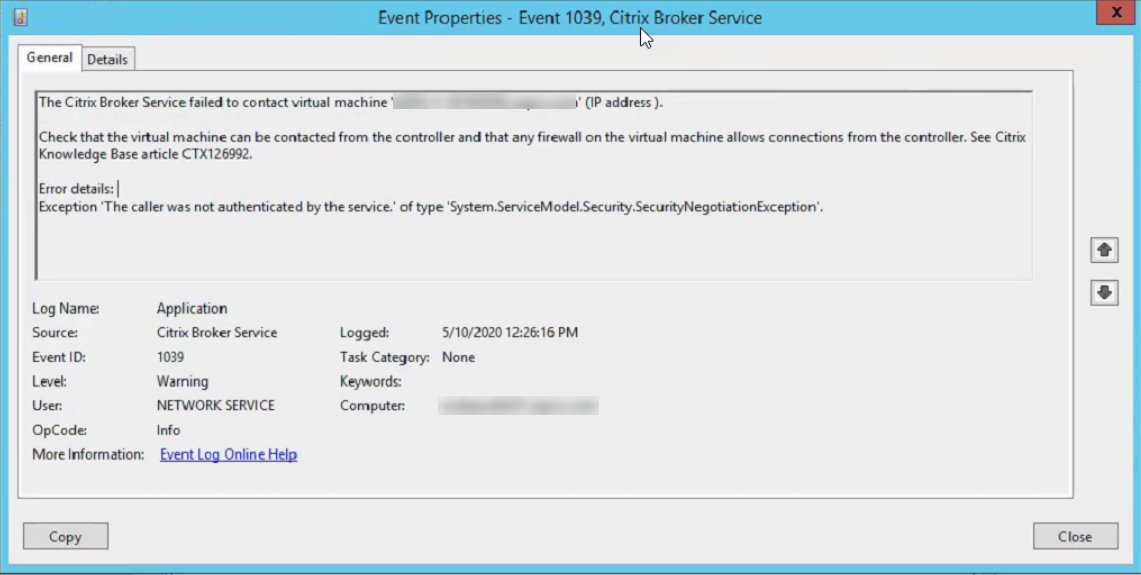 The Citrix Broker Service failed to contact virtual machine.